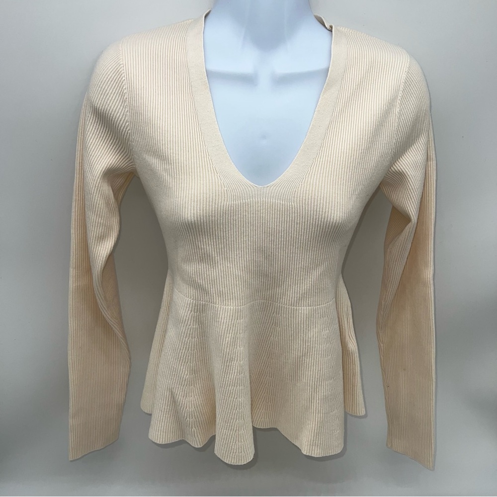 Club Monaco Women’s Cream Ribbed Knit V-Neck Long Sleeve Sweater-Size XS